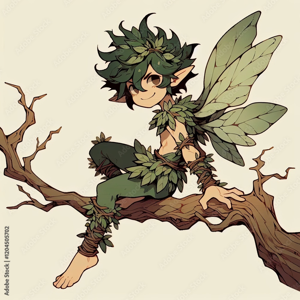 Fototapeta premium Playful Elf with Green Hair and Woodland Attire