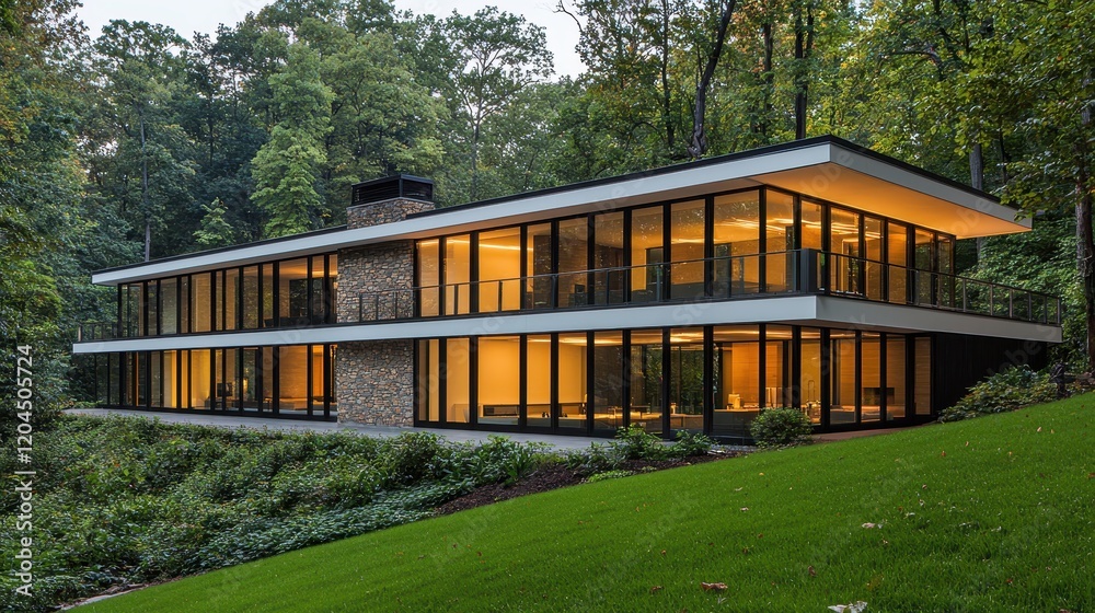 A modern home with large glass windows, nestled in lush greenery, showcasing a blend of stone and contemporary design. A modern home with large glass windows, nestled in lush greenery, showcasing a blend of stone and contemporary design.
