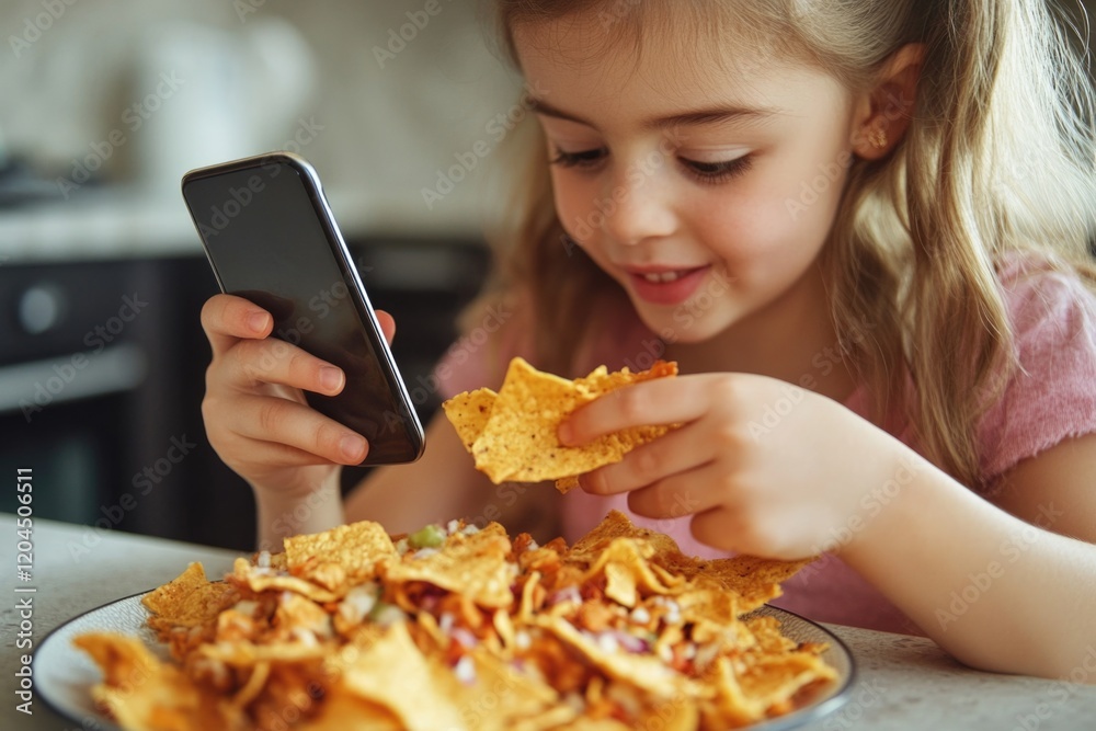 A young girl enjoys a snack of nachos, a popular kid-friendly food A young girl enjoys a snack of nachos, a popular kid-friendly food