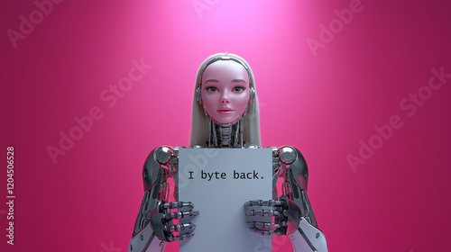 A humorous humanoid female AI robot holds a sign I byte back symbolizing future robot and human conflict during job takeover and unemployment for humanity by artificial intelligence automation photo