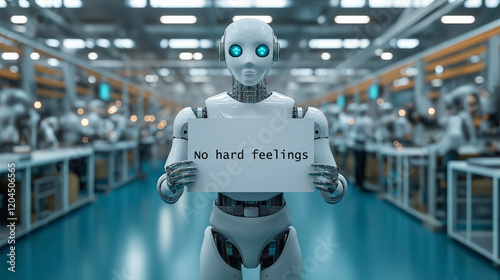 A humanoid AI robot holds a sign No hard feelings in a manufacturing plant reflecting future automation, unemployment, artificial intelligence and jobs takeover of the workforce