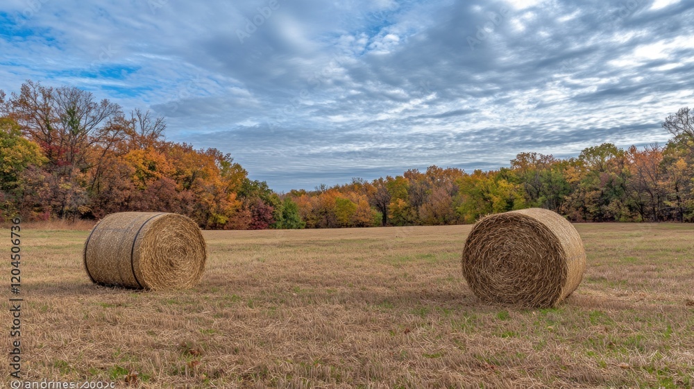 Two hay bales in autumn field with colorful trees and cloudy sky. Two hay bales in autumn field with colorful trees and cloudy sky.