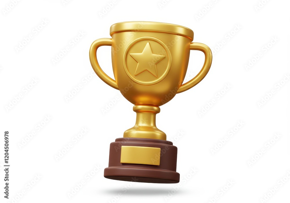 A 3D illustration of a golden trophy with a star emblem in the center featuring a brown base with a nameplate A 3D illustration of a golden trophy with a star emblem in the center featuring a brown base with a nameplate