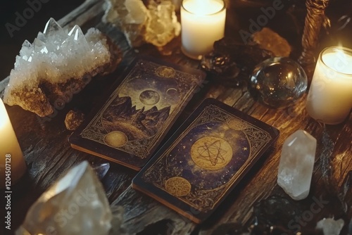 Mystic ritual using tarot cards, magic objects, and candles in a grunge aesthetic photo