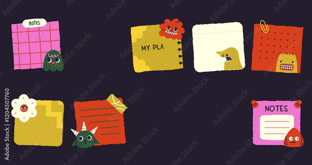 Funny sticky notes. Moving banner with pop-up notepad page with funny monsters and space for text. Stationery for daily reminders and planning. Time management and efficiency. Flat animated graphics
