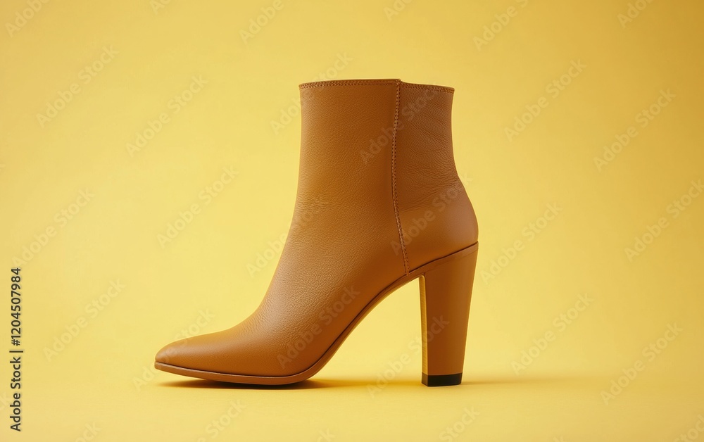 Casual tan high-heel ankle boots with a matte texture, placed on a soft pastel yellow backdrop Casual tan high-heel ankle boots with a matte texture, placed on a soft pastel yellow backdrop