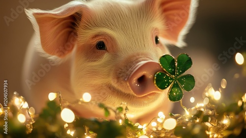 A pig holding a rare and lucky four-leaf clover in its mouth photo