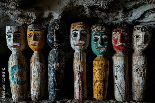 Wooden statues depicting deceased individuals found within burial caves in Tana Toraja, South Sulawesi, Indonesia, known as tau tau. photo