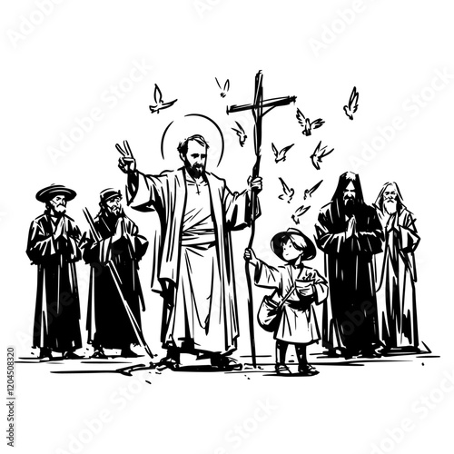 jesus blessing group with cross and doves vector illustration