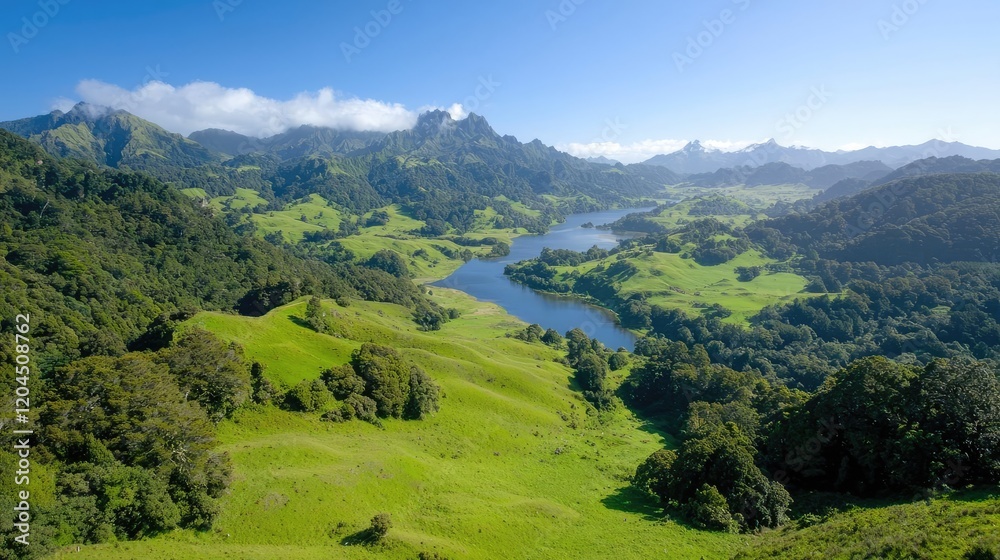 Obraz premium Serene valley landscape, lake, green hills, mountains, clouds, travel postcard
