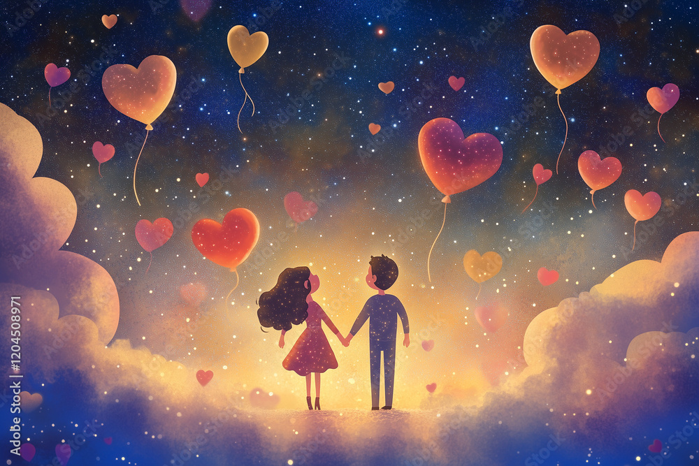 Obraz premium Romantic Starry Night Scene with Heart Balloons and Couple