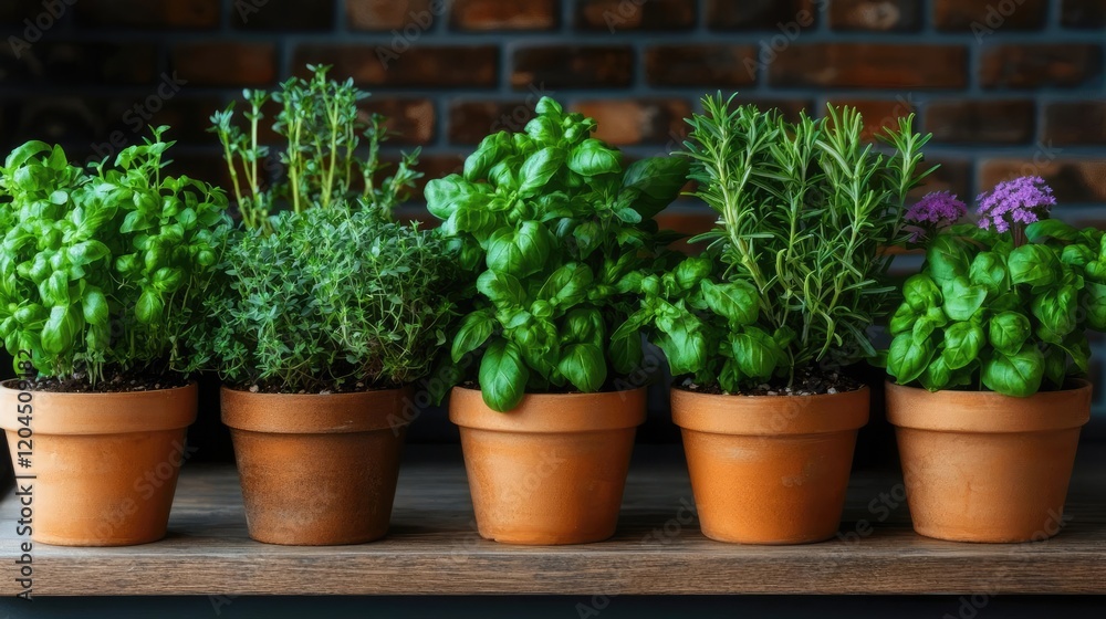 Fresh herbs in terracotta pots on kitchen shelf Fresh herbs in terracotta pots on kitchen shelf