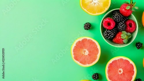 A flat lay of cut fruit on a green background; including kiwis, strawberries, oranges, and apples