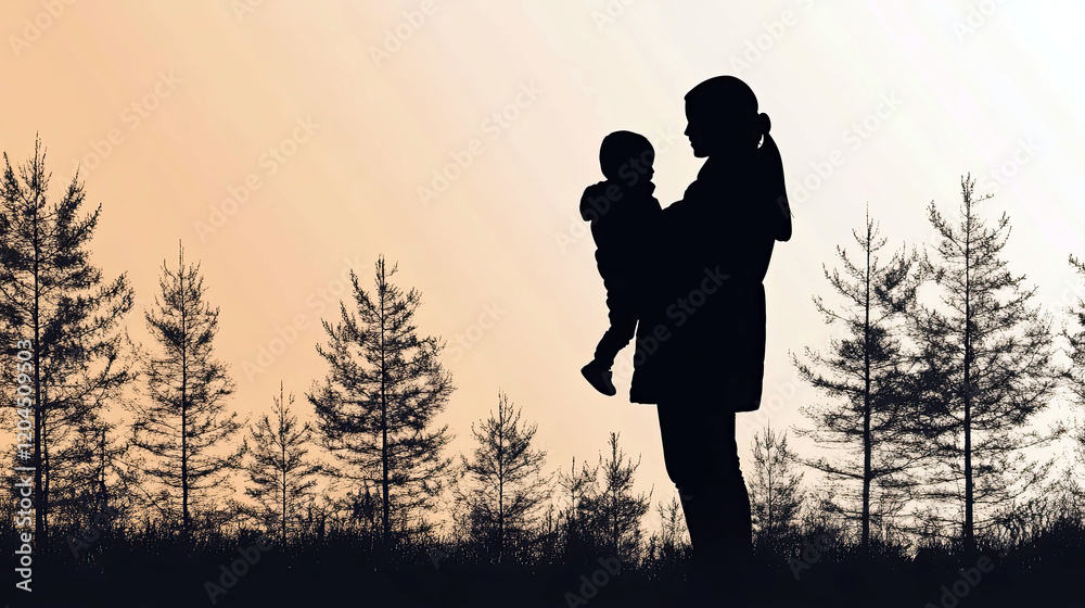 Silhouette of a Nurturing Mother Embracing Her Child Against a Tranquil Gradient Backdrop Silhouette of a Nurturing Mother Embracing Her Child Against a Tranquil Gradient Backdrop