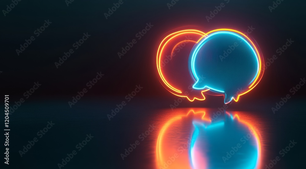 Obraz premium Neon glowing speech bubbles reflecting on dark surface.