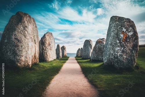 Southern Sweden, located in Kaseberga, features the site of Ales Stenar, also known as Ale's Stones, which is an early ritual site dating back to around 600 AD. photo