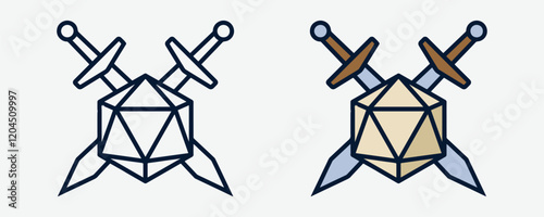 Crossed Swords with 20 sided / d20 or 20d dice line vector icon for apps and websites
 photo