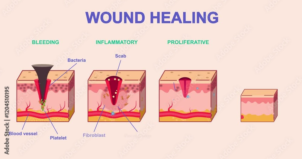 Wound healing process. Moving banner or medical infographic with stages of skin regeneration after injury. Bleeding, Inflammation, Proliferation and Remodeling. Cartoon flat animated graphics