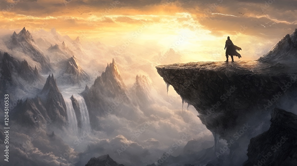 Majestic Sunset Over a Breathtaking Mountain Range with a Lone Figure Majestic Sunset Over a Breathtaking Mountain Range with a Lone Figure