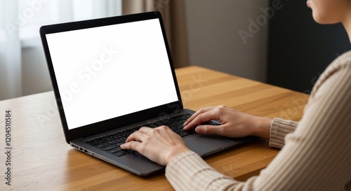Mockup image of a woman working and typing on laptop computer with blank white desktop screen
