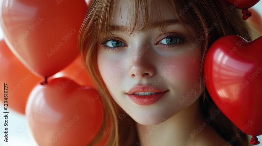 A happy woman holds a bunch of red balloons A happy woman holds a bunch of red balloons