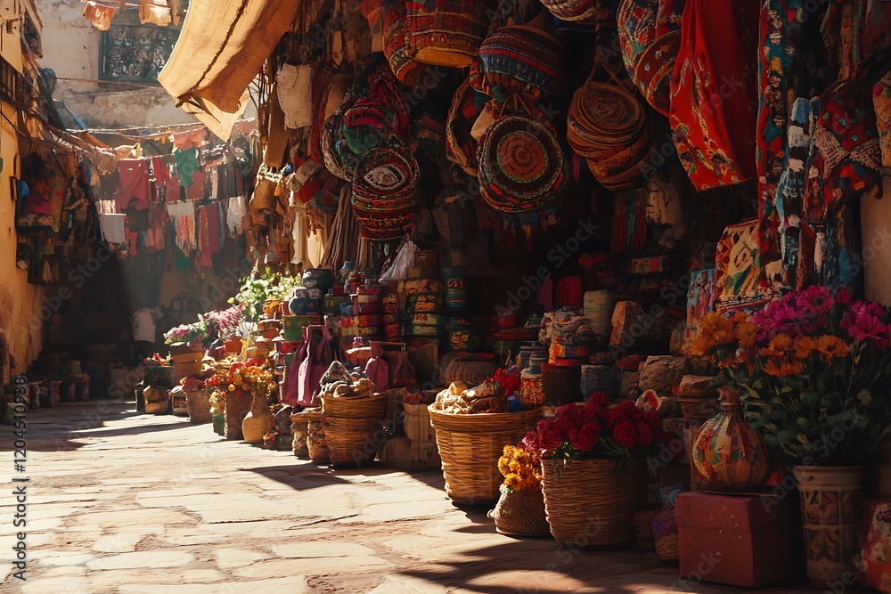 Fototapeta premium Vibrant Artisan Market Alleyway with Colorful Crafts