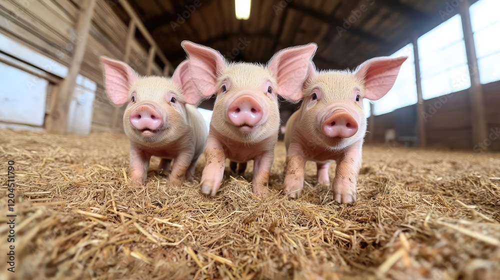 Three piglets in barn, straw bedding, rural farm Three piglets in barn, straw bedding, rural farm