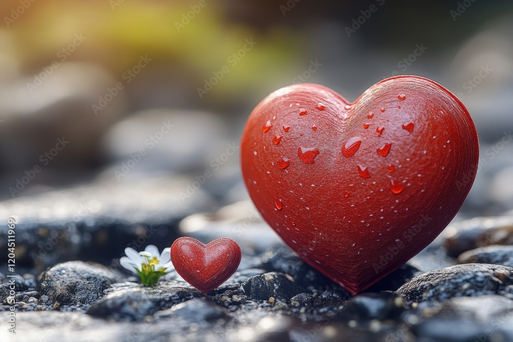 Obraz premium A small red heart perched atop a pile of rugged rocks, symbolizing love and resilience