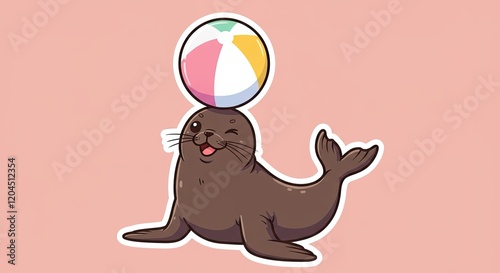 A playful seal sticker balancing a bright beach ball on its nose while winking cheekily.
 photo