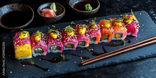 Vibrant sushi platter with colorful rolls