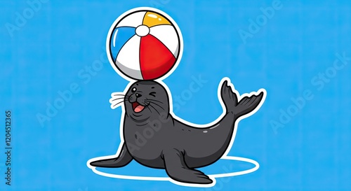 A cute sticker of a seal balancing a beach ball on its nose, winking cheekily and looking playful.
 photo