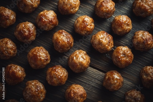 Meatballs served on a wooden table, topped with tangy sauce photo