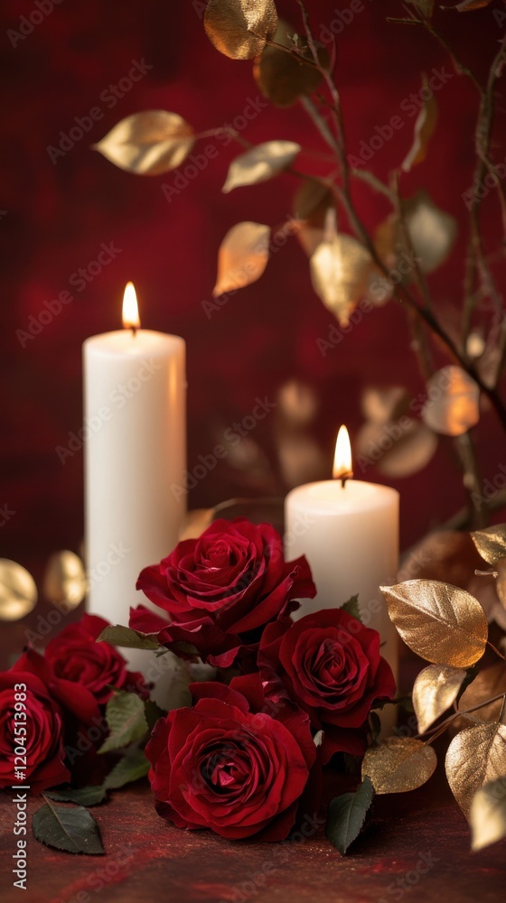 Soft candlelight glows with hearts, creating a romantic atmosphere for a special evening celebration. Social media template.