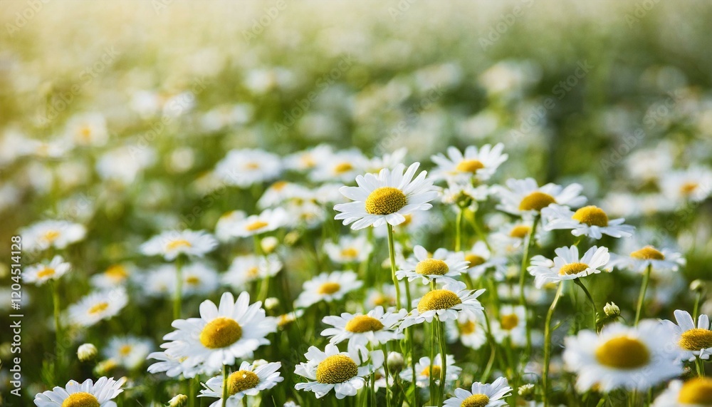Fototapeta premium Camomile.Chamomile flower field.Field of camomiles at sunny day at nature.Spring, summer background. Meadow flowers. Medicinal plant.