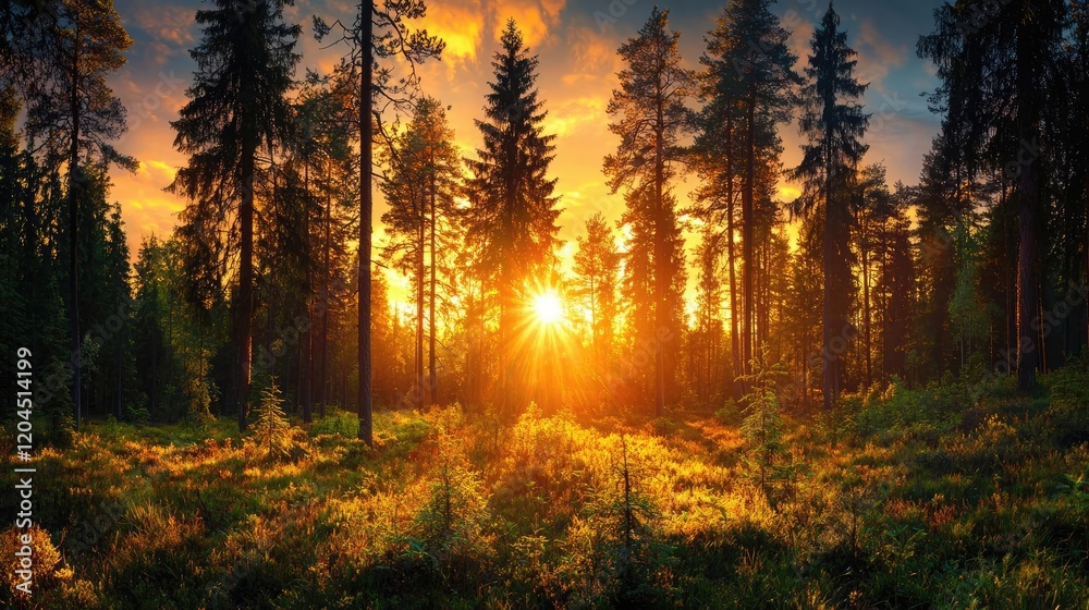 Obraz premium Sunset illuminating pine forest, golden light, nature scene, serene landscape, background for calm mood