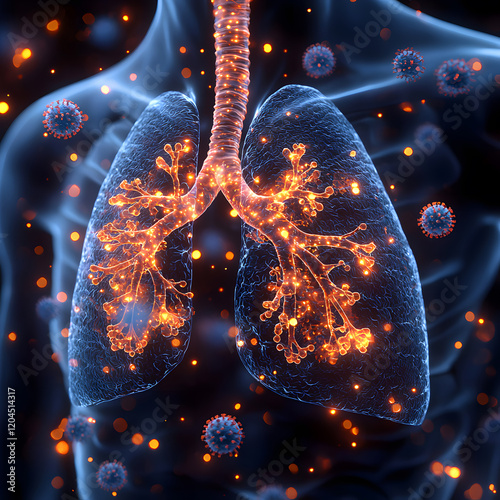 Digitalized Interior of Lungs with Virus: Futuristic Concept of Technology, Medicine, and Antivirus
