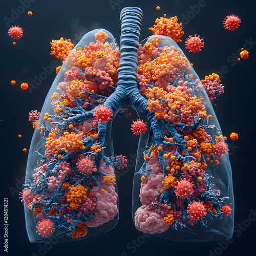 Digitalized Interior of Lungs with Virus: Futuristic Concept of Technology, Medicine, and Antivirus