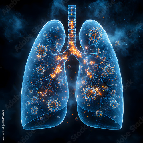 Digitalized Interior of Lungs with Virus: Futuristic Concept of Technology, Medicine, and Antivirus