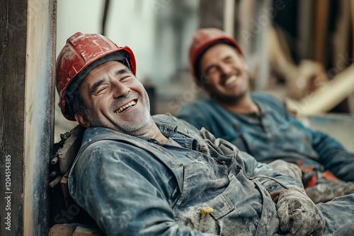 Two Construction Workers Smiling During Break Time photo