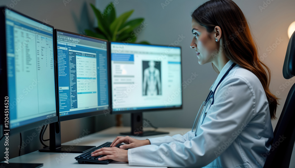 Healthcare pro works intensely on computer in medical office. Focused doctor manages electronic medical records. Modern clinic setting with multiple computer screens. Pro medical staff works with Healthcare pro works intensely on computer in medical office. Focused doctor manages electronic medical records. Modern clinic setting with multiple computer screens. Pro medical staff works with