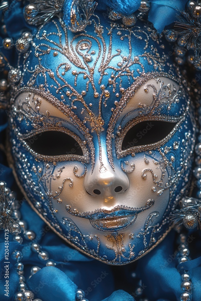 Fototapeta premium A decorative blue and silver mask adorned with pearls, suitable for costume parties or themed events