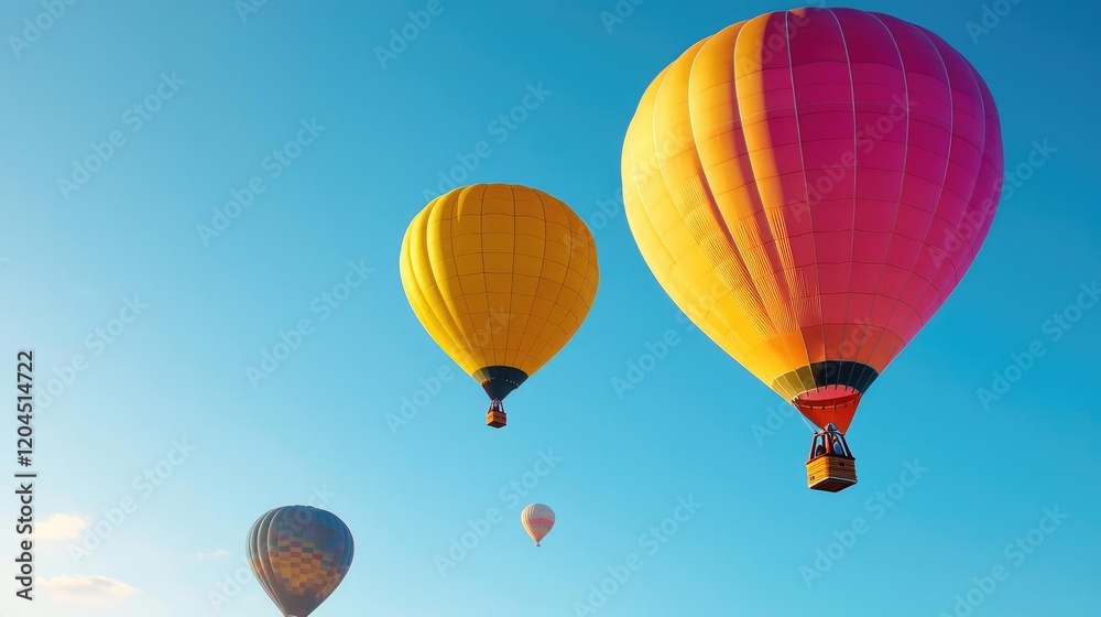 Obraz premium Colorful hot air balloons soar in a clear blue sky, a peaceful scene perfect for travel brochures
