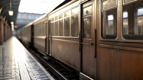 Detailed view of a vintage railcar awaiting passengers at a sunlit train station platform during early morning hours