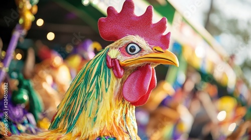 Close-up view of a decorative rooster on display, often used in still life photography and interior design settings photo