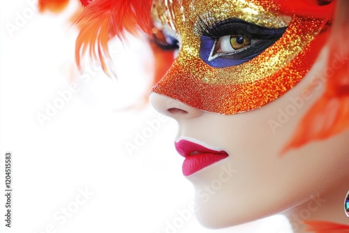 A close-up shot of a woman's face wearing a colorful carnival mask, ideal for use in designs related to celebrations, festivals, and entertainment photo