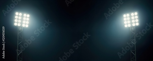 Powerful stadium lights illuminate dark outdoor space. Sport arena lights shine bright against dark night. Strong illumination emphasizes night sport action. Night time sports atmosphere. Athletic