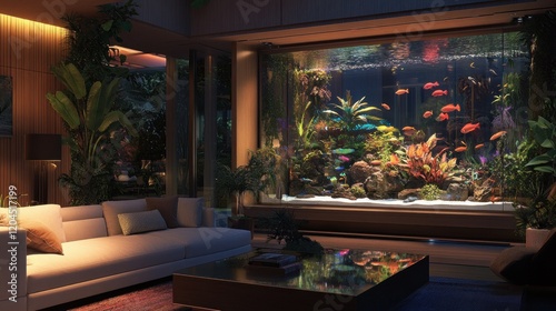 Luxurious living room with large, vibrant aquarium featuring colorful fish and plants at night.