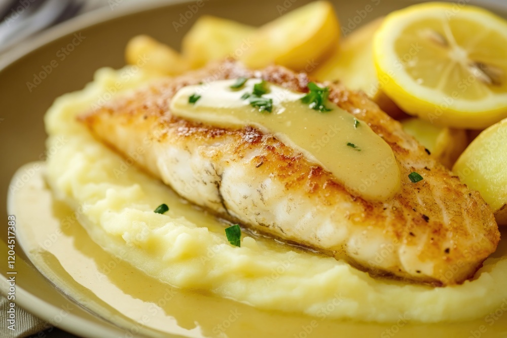 A plate filled with mashed potatoes and a fish fillet, perfect for a comfort food meal A plate filled with mashed potatoes and a fish fillet, perfect for a comfort food meal