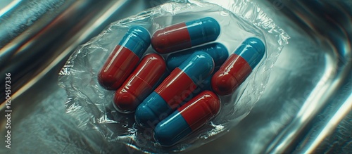 Red and blue capsules in a blister pack on a metal tray.