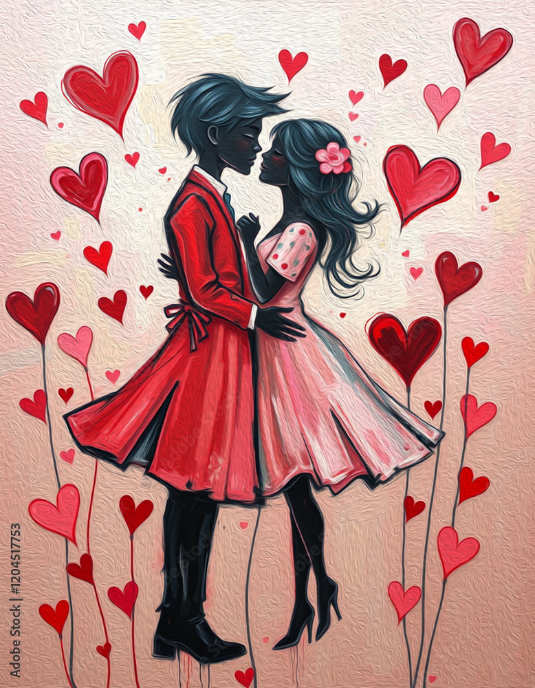 Fototapeta premium Valentine's Day card design. Illustration with oil paint. Pattern for printing on wall decorations, covers, wallpapers
